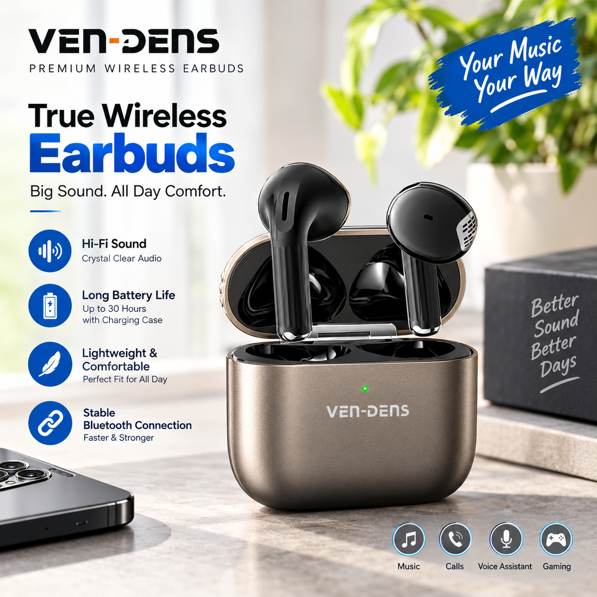 VEN-DENS VD-BT036 Wireless Earbuds for Samsung Galaxy S26-S24 Ultra