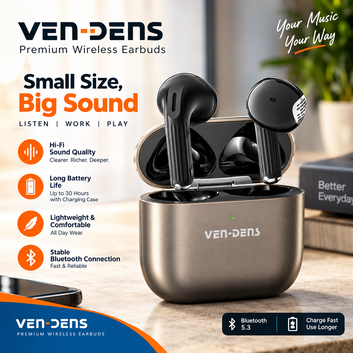 VEN-DENS VD-BT036 Wireless Earbuds for Samsung Galaxy S26-S24 Ultra