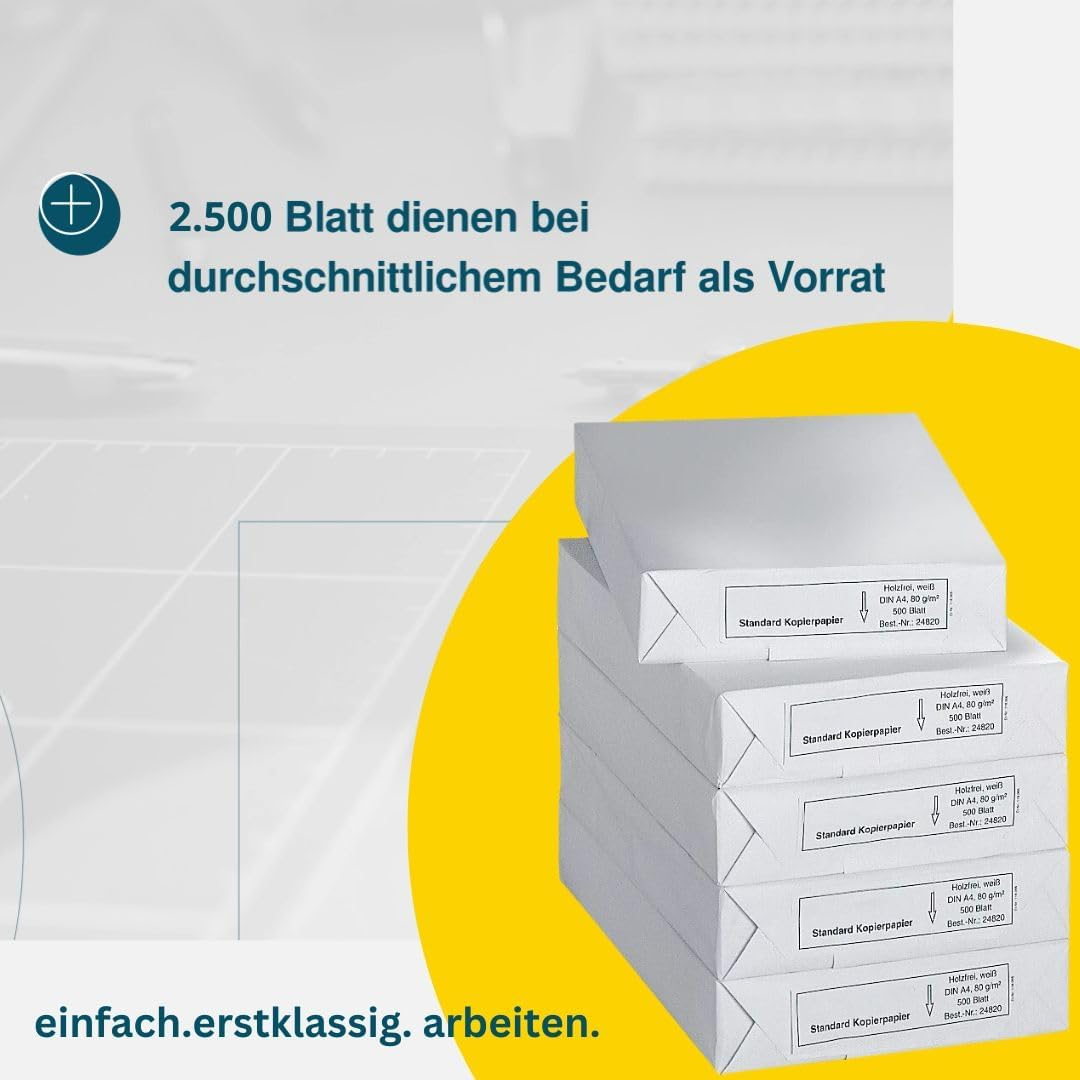 Copy Paper A4, 80 g/m² Paper, Printer Paper, Laser Paper, Inkjet Paper, Fax Paper, 2500 Sheets, 5 Packs of 500 Sheets, White