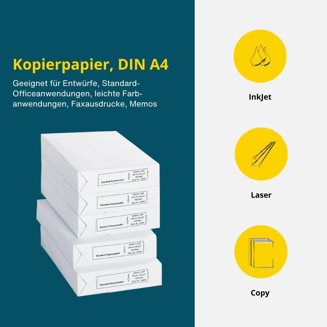 Copy Paper A4, 80 g/m² Paper, Printer Paper, Laser Paper, Inkjet Paper, Fax Paper, 2500 Sheets, 5 Packs of 500 Sheets, White