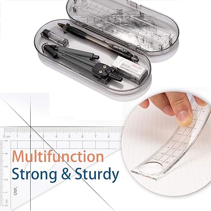 8-Piece Geometry Compass & Ruler Set , School Math Kit with Protractor, Pencil & More (Black)