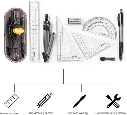 8-Piece Geometry Compass & Ruler Set , School Math Kit with Protractor, Pencil & More (Black)
