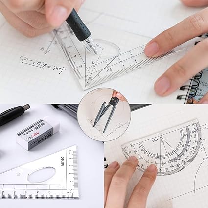 8-Piece Geometry Compass & Ruler Set , School Math Kit with Protractor, Pencil & More (Black)