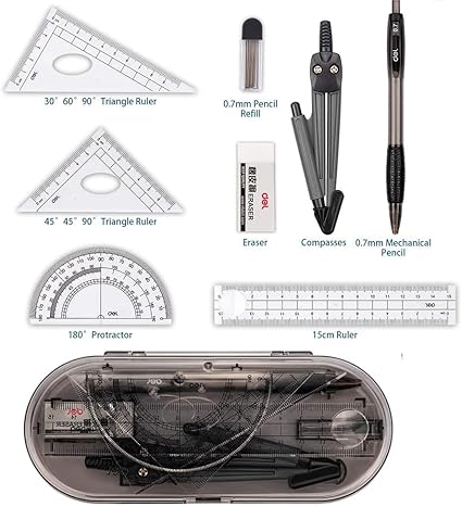 8-Piece Geometry Compass & Ruler Set , School Math Kit with Protractor, Pencil & More (Black)