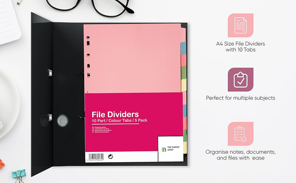 [5-Pack] A4 10-Part File Dividers,  Multi-Hole Punched, Assorted Colors, Fits All A4 Binders
