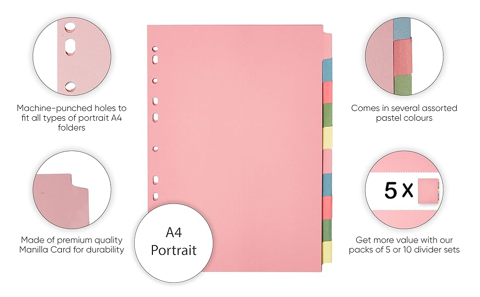 [5-Pack] A4 10-Part File Dividers,  Multi-Hole Punched, Assorted Colors, Fits All A4 Binders