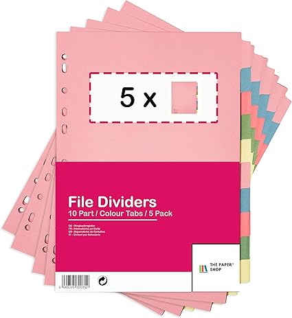 [5-Pack] A4 10-Part File Dividers,  Multi-Hole Punched, Assorted Colors, Fits All A4 Binders