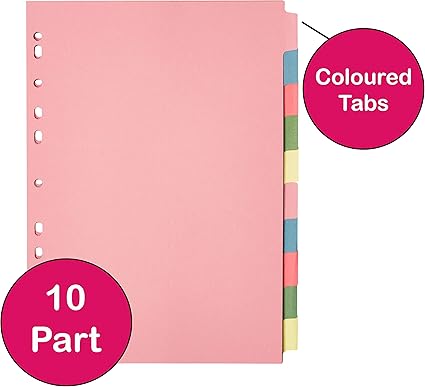 [5-Pack] A4 10-Part File Dividers,  Multi-Hole Punched, Assorted Colors, Fits All A4 Binders
