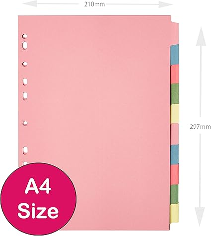[5-Pack] A4 10-Part File Dividers,  Multi-Hole Punched, Assorted Colors, Fits All A4 Binders