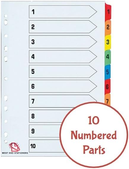 A4 1-10 Numbered Index Dividers, Multi-Colored Tabs, 5-Pack, Pre-Punched for Binders