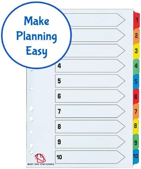A4 1-10 Numbered Index Dividers, Multi-Colored Tabs, 5-Pack, Pre-Punched for Binders
