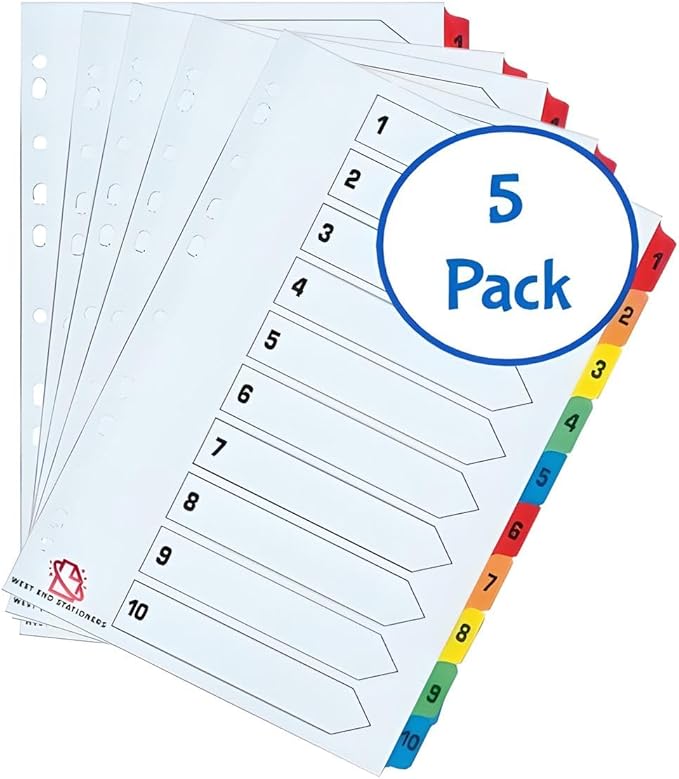 A4 1-10 Numbered Index Dividers, Multi-Colored Tabs, 5-Pack, Pre-Punched for Binders