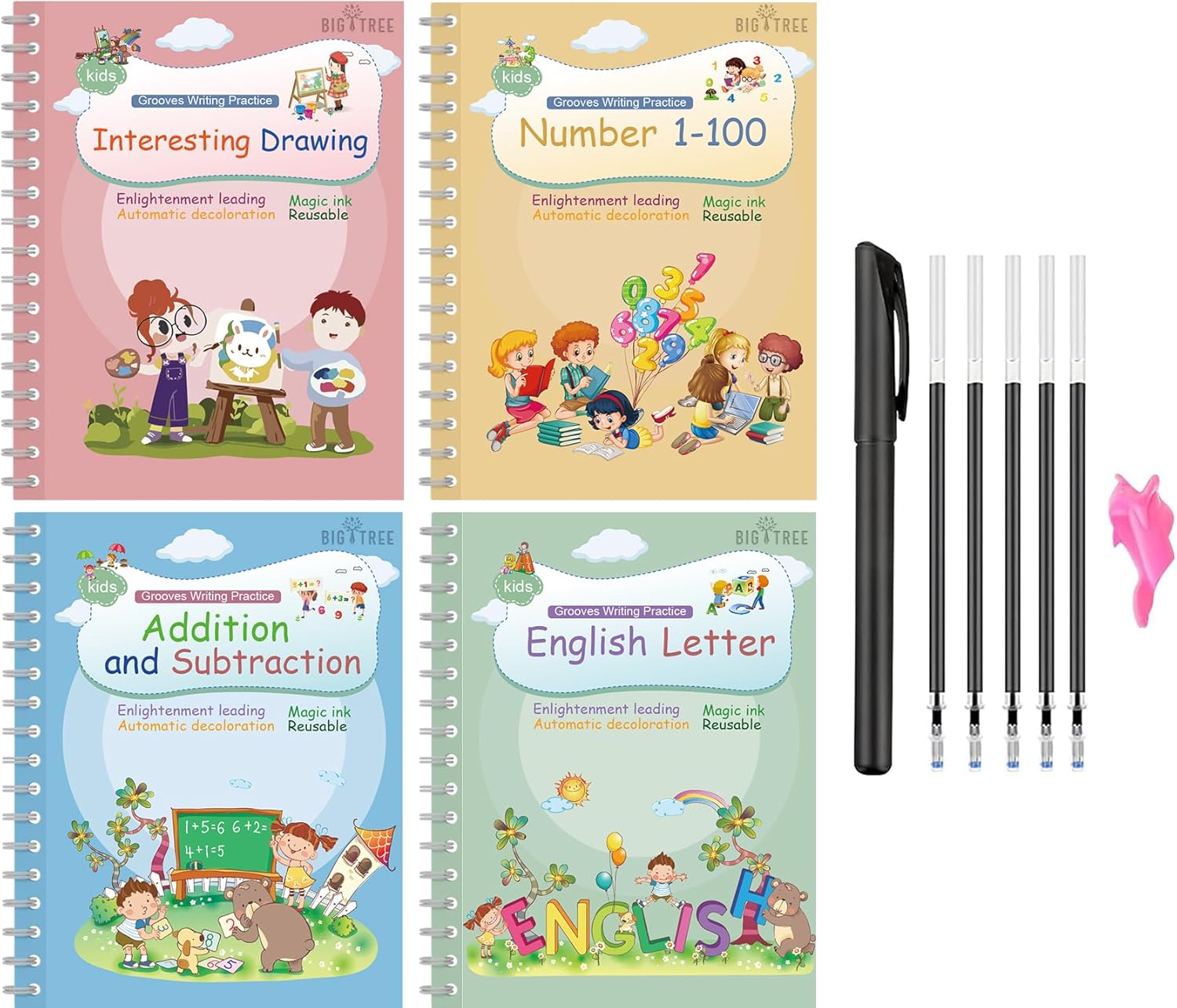 Magical Handwriting Workbooks Handwriting Practice Magic Copybook, Handwriting Aid Magic Pen Reusable Copybook Grooves Template Design for Children(4 Books, 10.2×7.2 in)