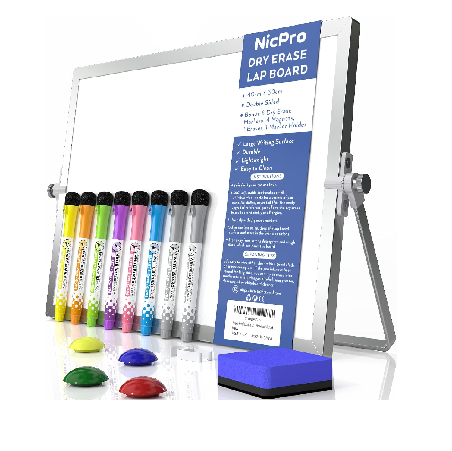 Nicpro A3 Double-Sided Magnetic Mini Whiteboard 40x30cm with Stand, Pens, Eraser & Magnets Portable