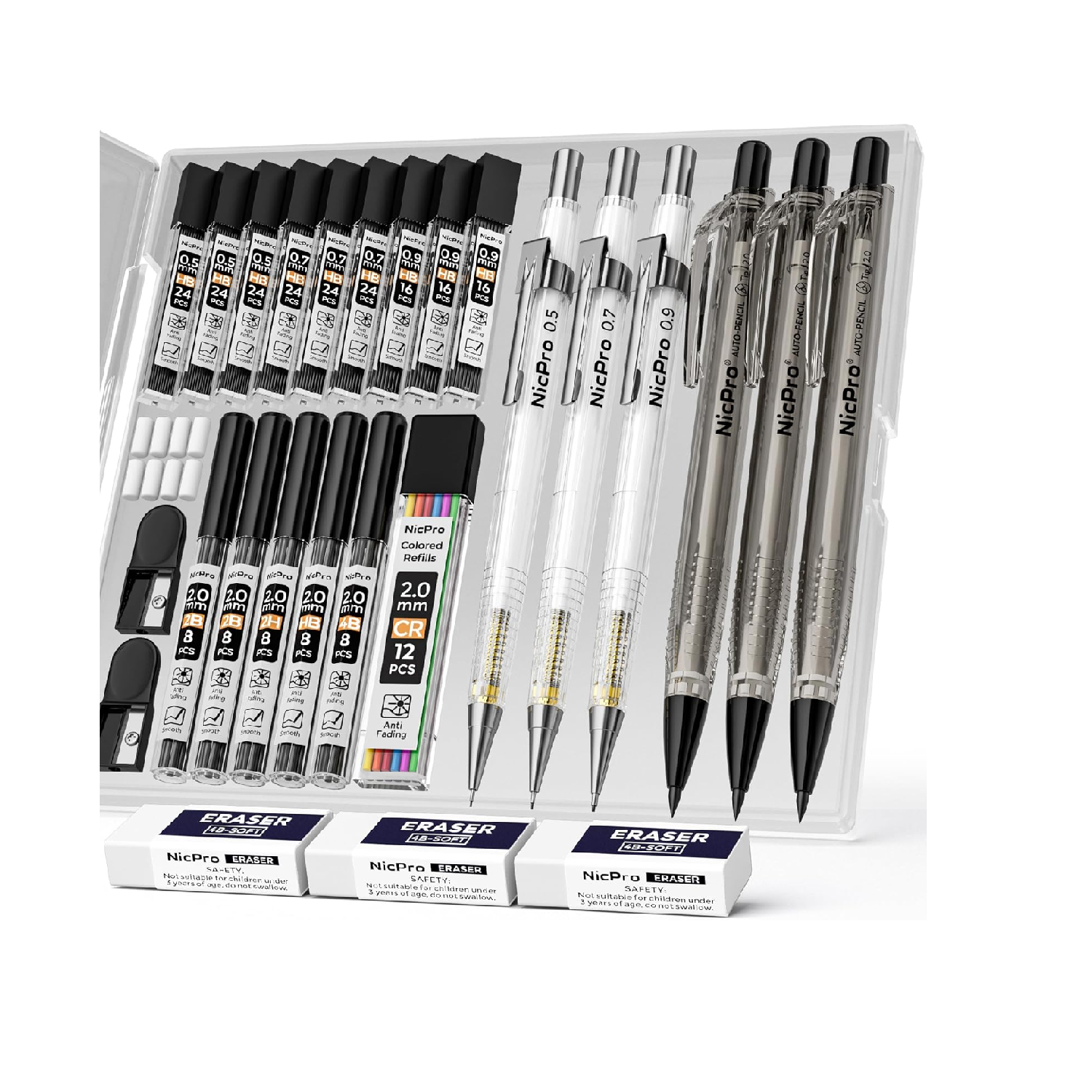 Nicpro 6pc Mechanical Pencil Set 0.5/0.7/0.9mm + 2mm Lead Holders with Case & Refills