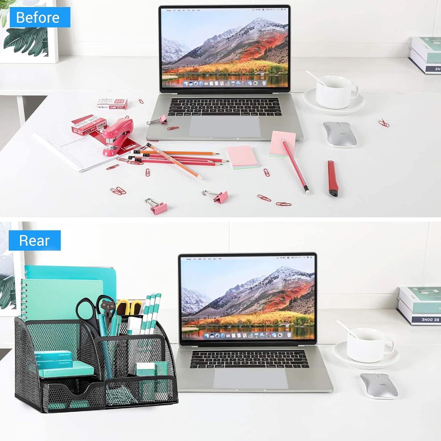 Mesh Desk Organiser, Multi-Use Desk Tidy & Pen Holder with 6 storage and 1 Slide Drawer, Stationary Organiser for Office desktop supplies