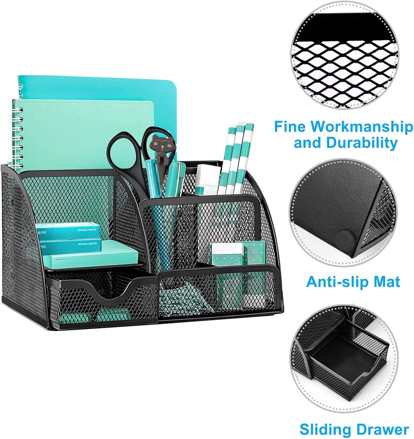Mesh Desk Organiser, Multi-Use Desk Tidy & Pen Holder with 6 storage and 1 Slide Drawer, Stationary Organiser for Office desktop supplies