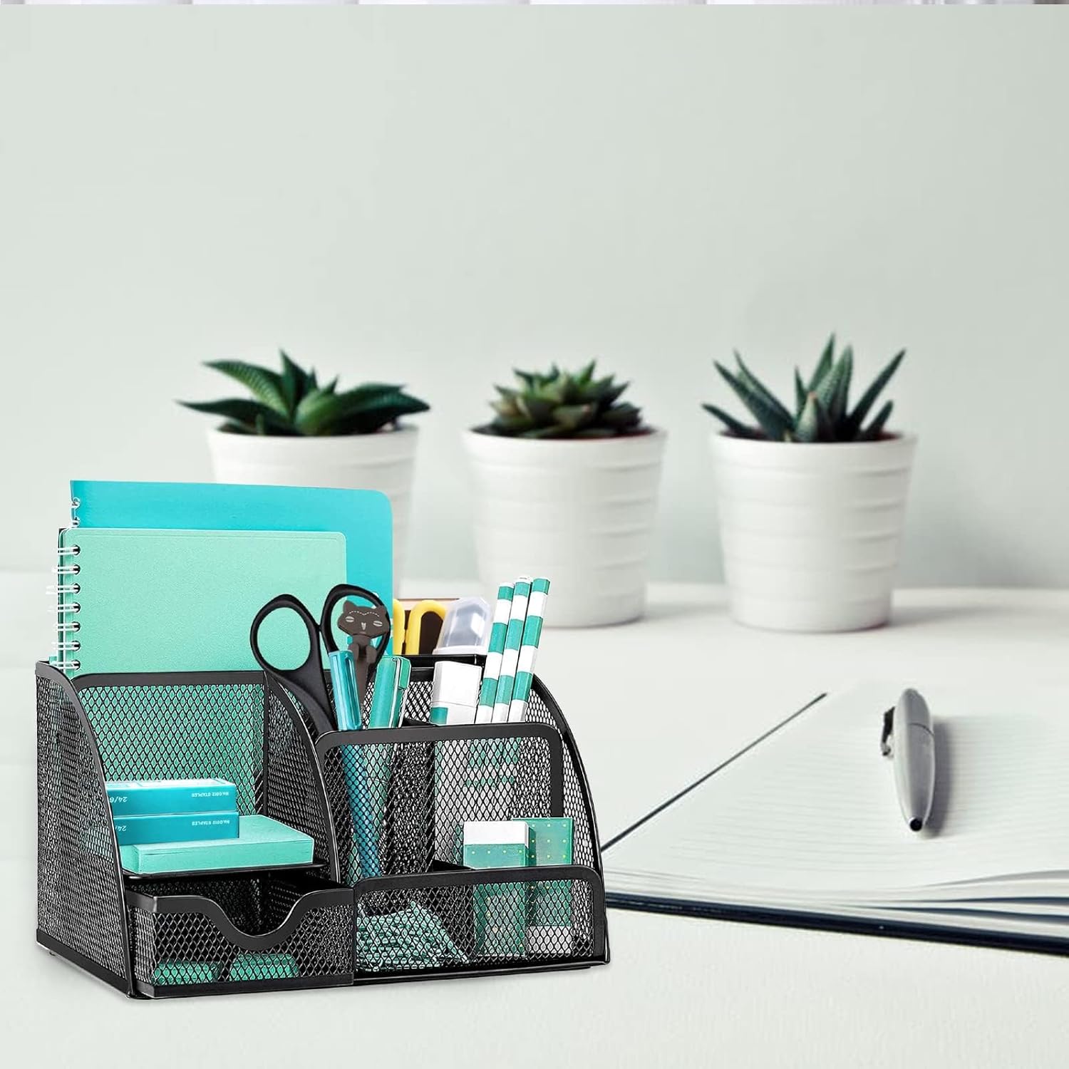 Mesh Desk Organiser, Multi-Use Desk Tidy & Pen Holder with 6 storage and 1 Slide Drawer, Stationary Organiser for Office desktop supplies