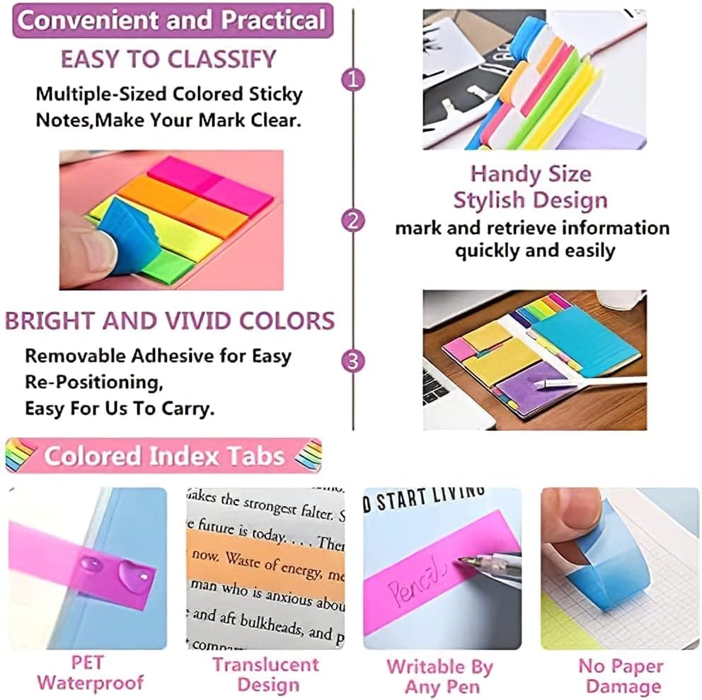 Sticky Note Set, 402 Sheets Self-Stick Divider Memo Notes Pads Bookmark Writing Label Colourful Markers Bookmark with PET Index Lable