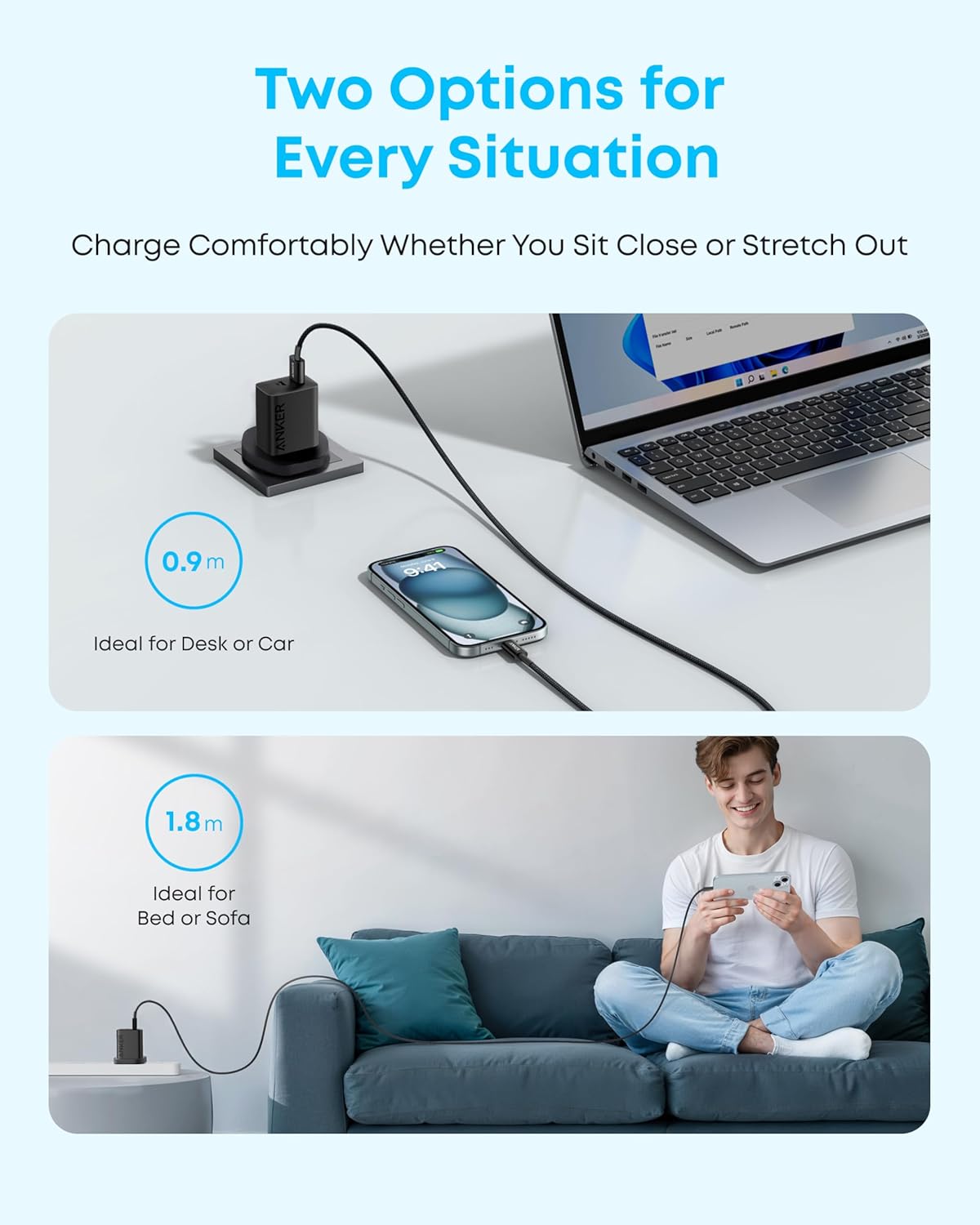 Anker 2-Pack 3ft (0.9m) USB-A to USB-C Braided Charger Cable – Compatible with iPhone 15/16/17, iPad Pro, Samsung Galaxy, MacBook