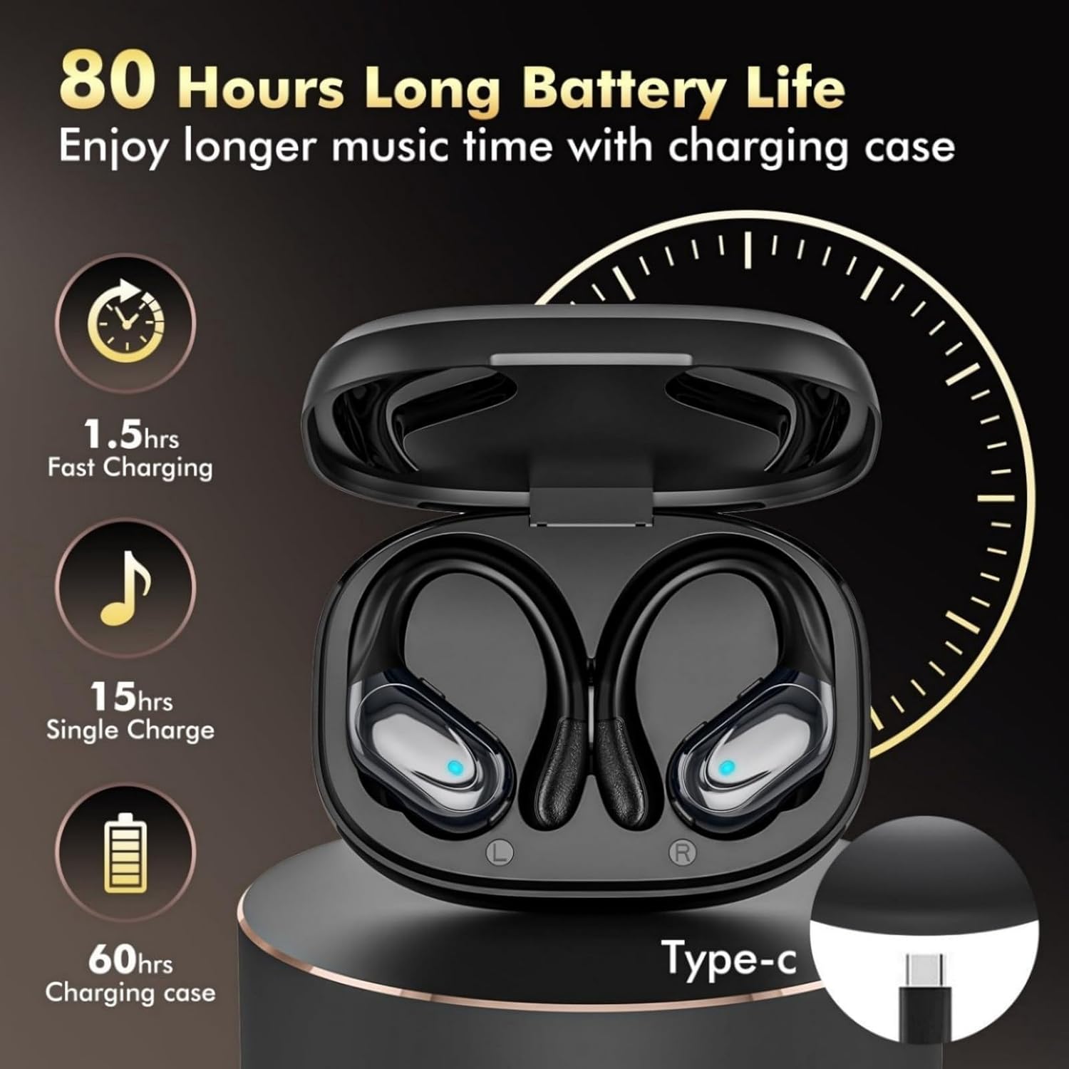 Wireless Sports Bluetooth Earbuds – 80H Playtime, LED Power Display, Noise-Canceling, IPX7 Waterproof Earphones for Workout & Running