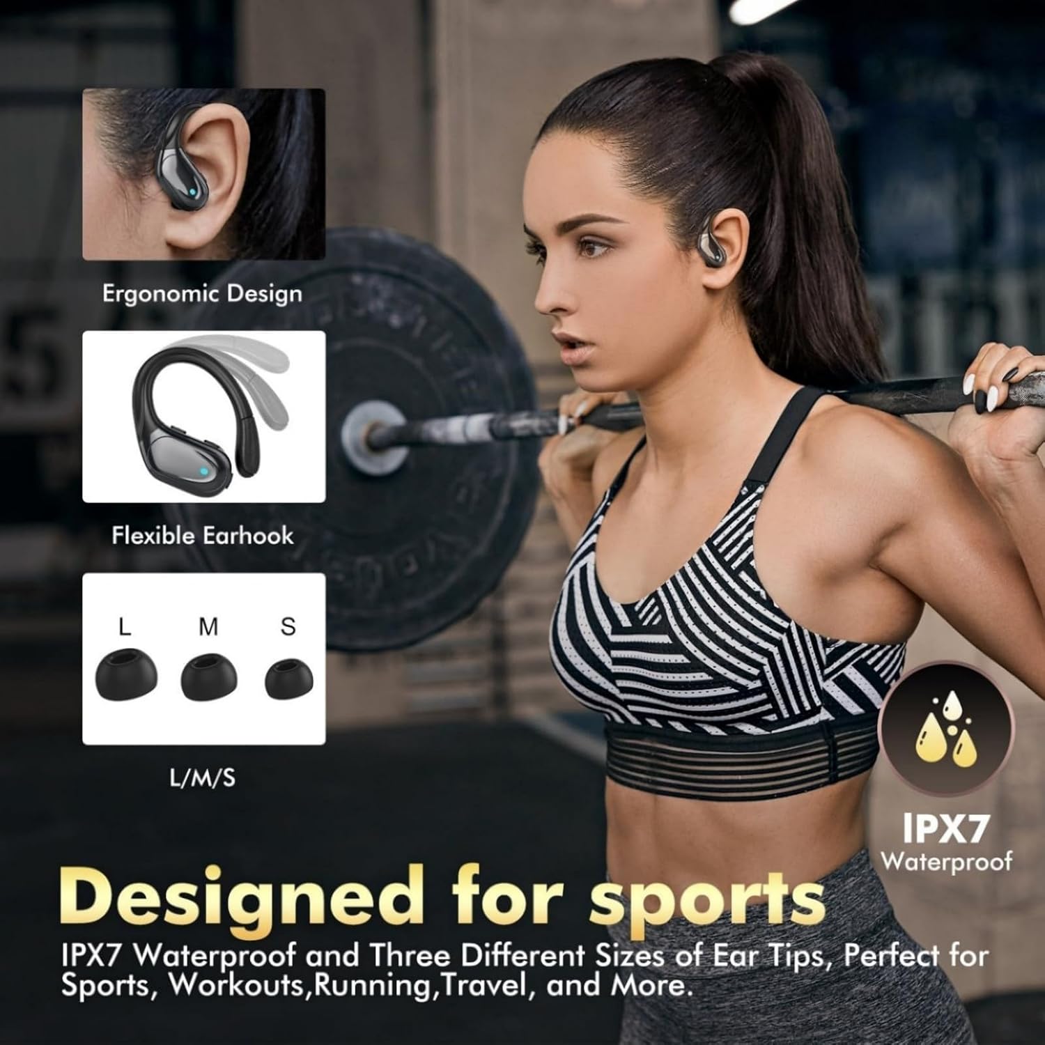 Wireless Sports Bluetooth Earbuds – 80H Playtime, LED Power Display, Noise-Canceling, IPX7 Waterproof Earphones for Workout & Running