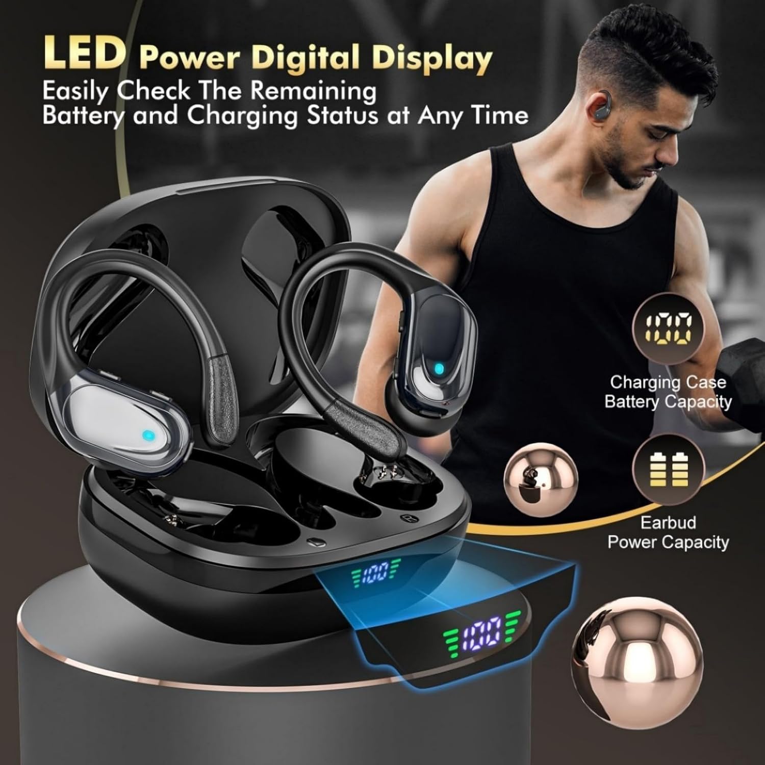 Wireless Sports Bluetooth Earbuds – 80H Playtime, LED Power Display, Noise-Canceling, IPX7 Waterproof Earphones for Workout & Running