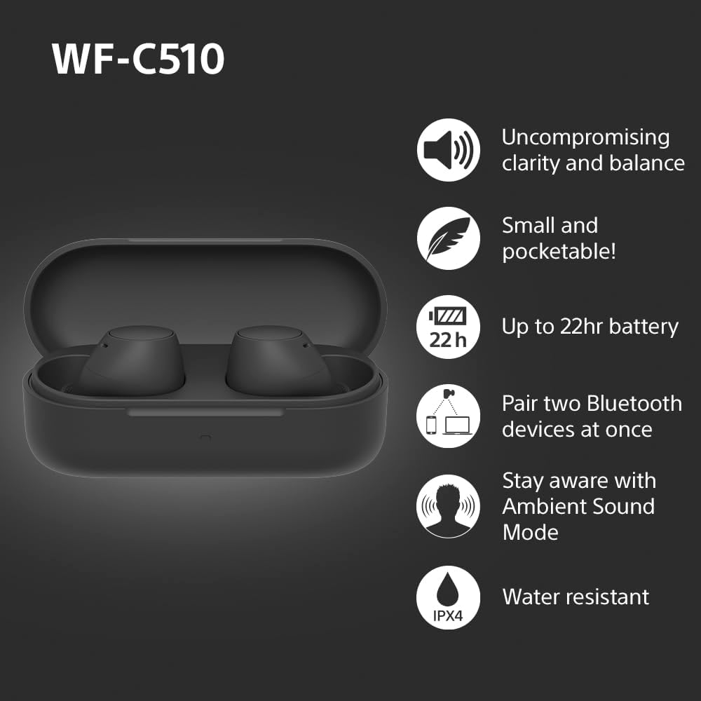 Sony WF-C510 Wireless In-Ear Earbuds – Bluetooth, Multipoint, Ambient Sound, 22H Battery