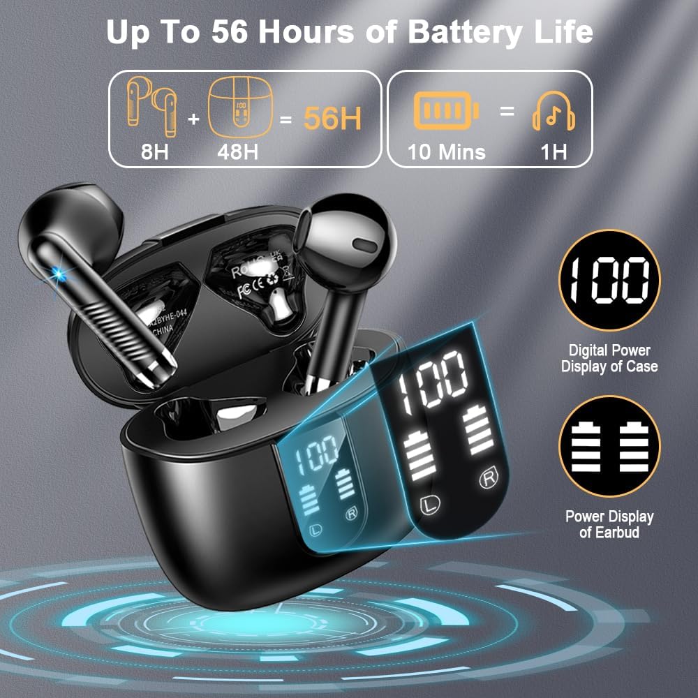 Wireless Earbuds 2025 – Bluetooth 5.4 In-Ear Headphones, 4 ENC Mics, HiFi Stereo, Deep Bass, 56H Playtime, Dual LED Display, IP7 Waterproof, USB-C