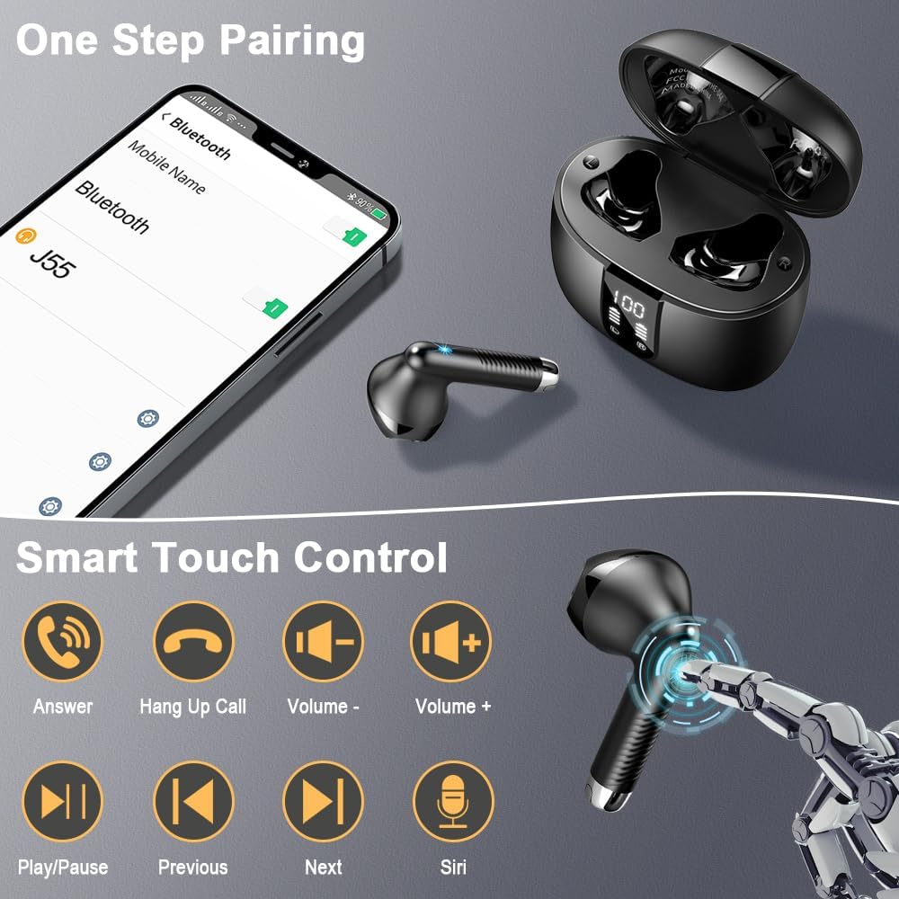 Wireless Earbuds 2025 – Bluetooth 5.4 In-Ear Headphones, 4 ENC Mics, HiFi Stereo, Deep Bass, 56H Playtime, Dual LED Display, IP7 Waterproof, USB-C
