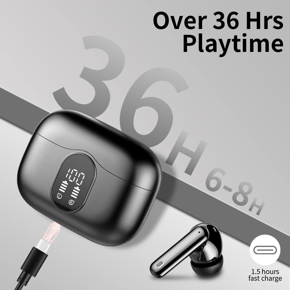 Wireless Earbuds – Bluetooth 5.3, 4 ENC Mics, Deep Bass, Mini Stereo, 36H Playtime, LED Display, IP7 Waterproof