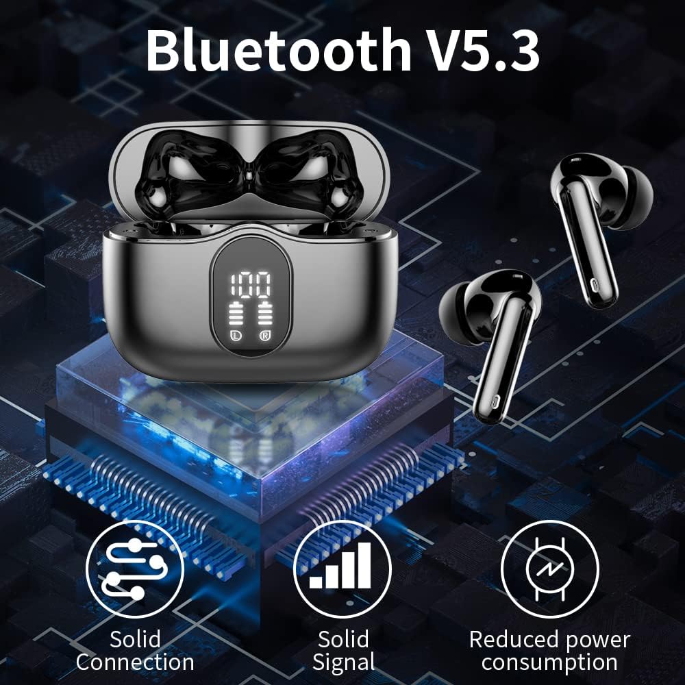 Wireless Earbuds – Bluetooth 5.3, 4 ENC Mics, Deep Bass, Mini Stereo, 36H Playtime, LED Display, IP7 Waterproof