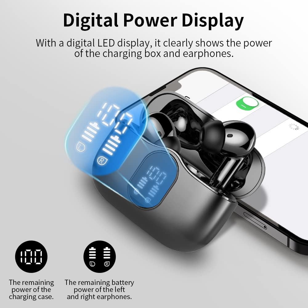 Wireless Earbuds – Bluetooth 5.3, 4 ENC Mics, Deep Bass, Mini Stereo, 36H Playtime, LED Display, IP7 Waterproof