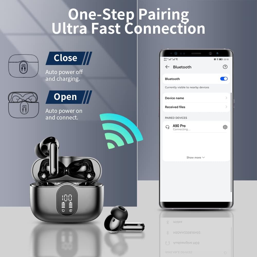 Wireless Earbuds – Bluetooth 5.3, 4 ENC Mics, Deep Bass, Mini Stereo, 36H Playtime, LED Display, IP7 Waterproof