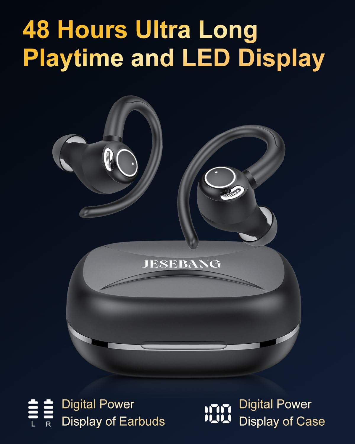 Jesebang Wireless Earbuds – Bluetooth 5.3, HiFi Stereo, ENC Mic, Sport Earhooks, 40H Playtime, Dual LED Display, IP7 Waterproof, Black