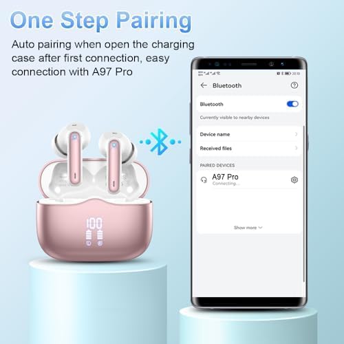 Wireless Bluetooth 5.4 Earbuds – HiFi Stereo, Deep Bass, 4 ENC Noise-Canceling Mics, 40H Playtime, Dual LED Display, IPX7 Waterproof, Rose Gold