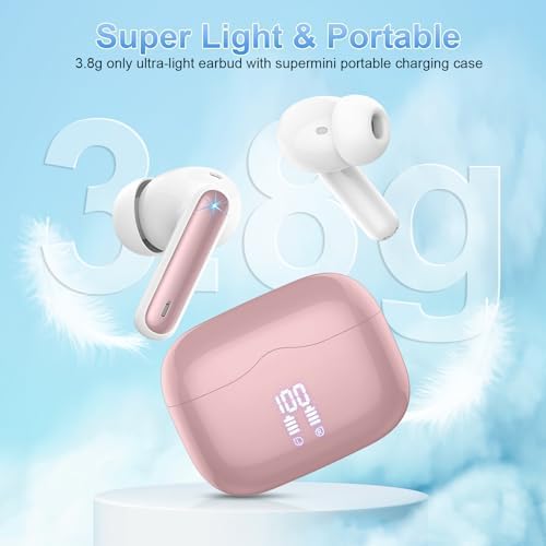 Wireless Bluetooth 5.4 Earbuds – HiFi Stereo, Deep Bass, 4 ENC Noise-Canceling Mics, 40H Playtime, Dual LED Display, IPX7 Waterproof, Rose Gold