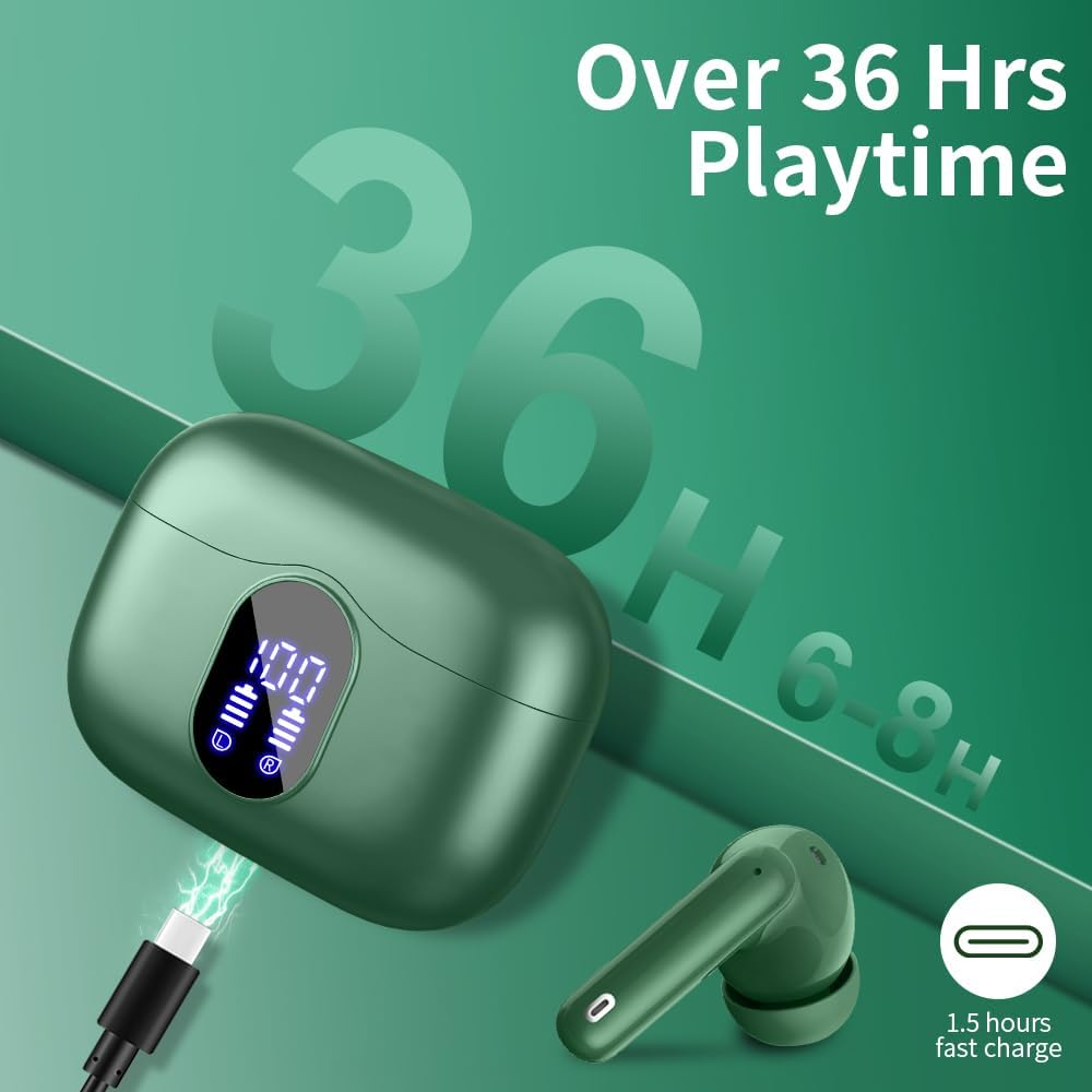 Wireless Bluetooth 5.3 Earbuds – HiFi Stereo Sound, 4 ENC Noise-Canceling Mics, 36H Playtime, LED Display, IPX7 Waterproof In-Ear Headphones, Green