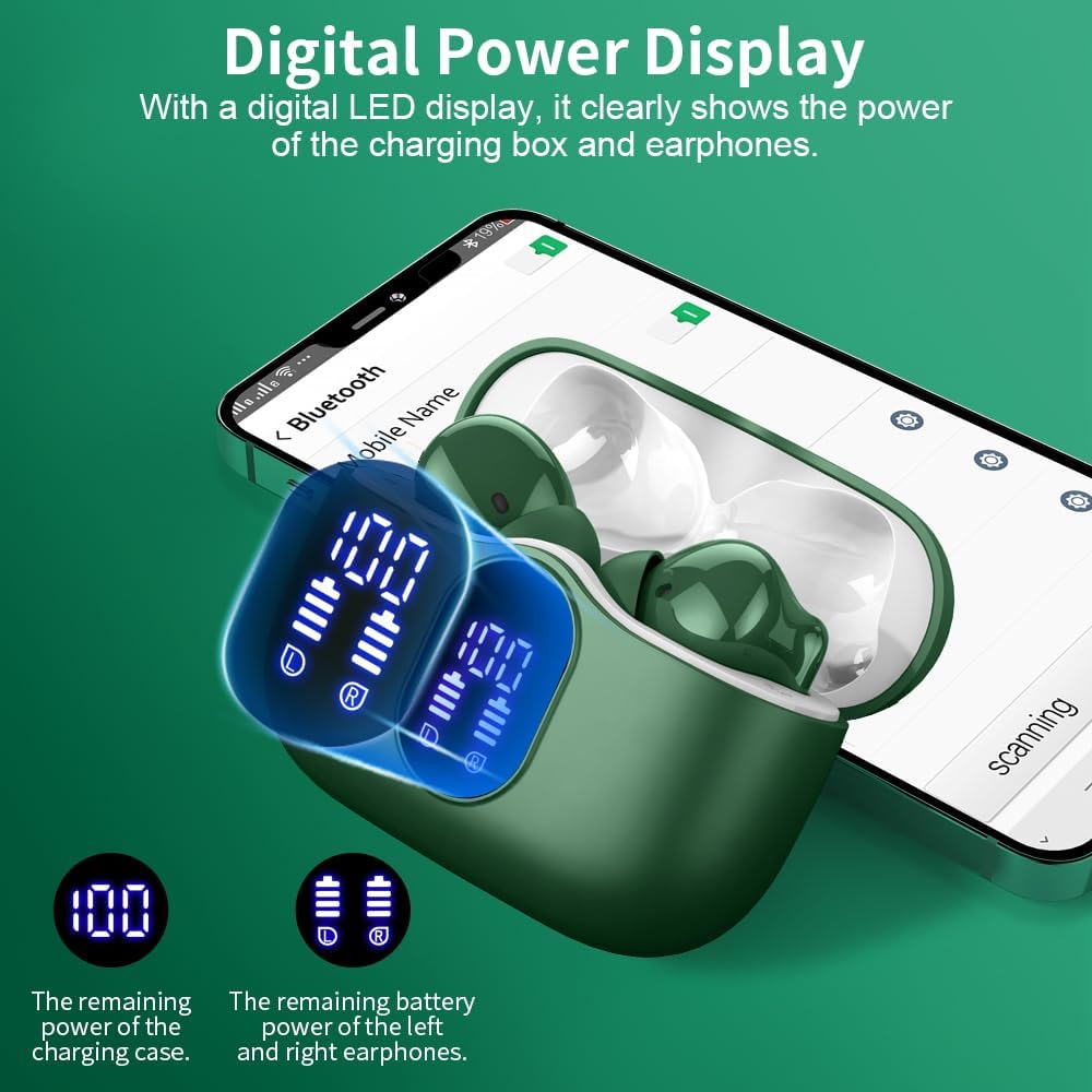 Wireless Bluetooth 5.3 Earbuds – HiFi Stereo Sound, 4 ENC Noise-Canceling Mics, 36H Playtime, LED Display, IPX7 Waterproof In-Ear Headphones, Green