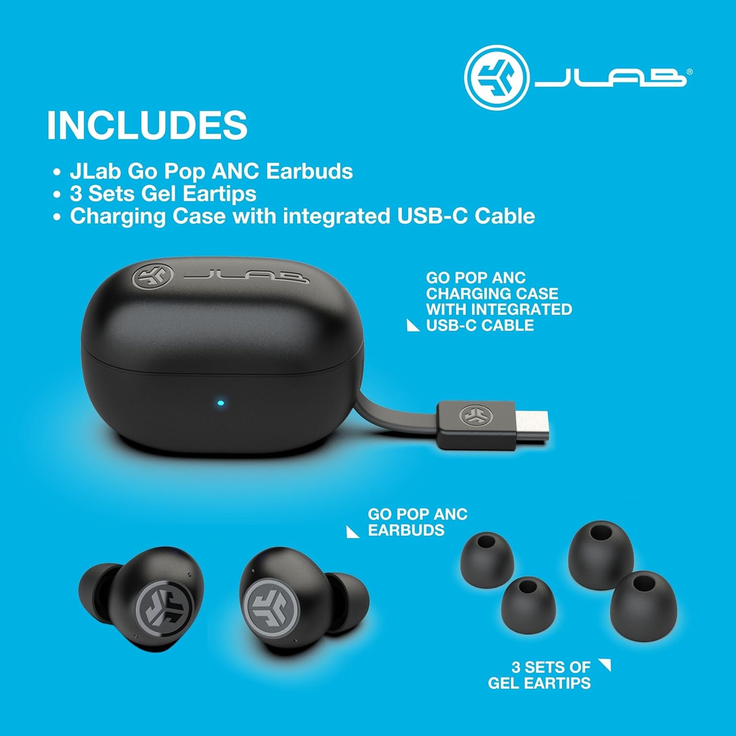 JLab Go Air Pop ANC – Wireless Bluetooth Earbuds, Noise Cancelling, 24H Playtime, IP55 Sweatproof, Black