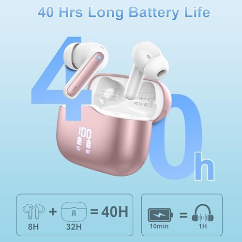 Wireless Bluetooth 5.4 Earbuds – HiFi Stereo, Deep Bass, 4 ENC Noise-Canceling Mics, 40H Playtime, Dual LED Display, IPX7 Waterproof, Rose Gold