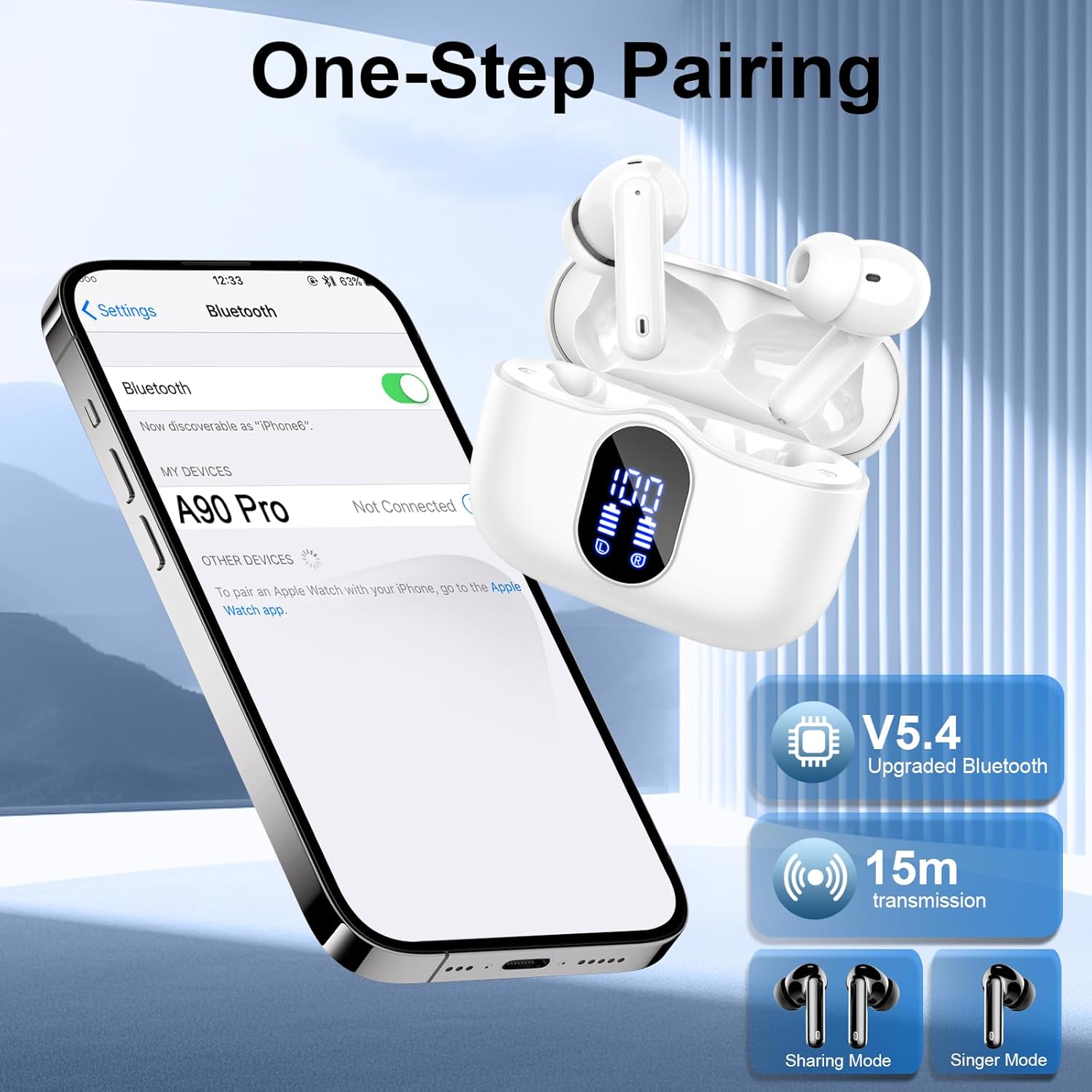 Btootos Wireless Bluetooth 5.3 Earbuds – 4 ENC Noise-Cancelling Mics, Deep Bass Stereo, 36H Playtime, LED Display, In-Ear Headphones, White