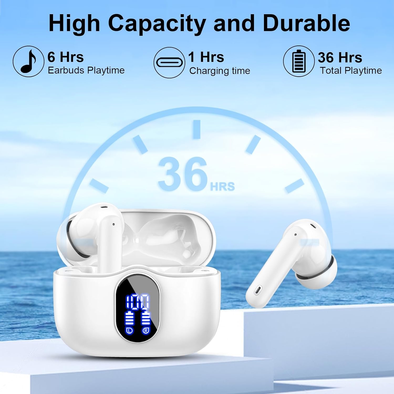 Btootos Wireless Bluetooth 5.3 Earbuds – 4 ENC Noise-Cancelling Mics, Deep Bass Stereo, 36H Playtime, LED Display, In-Ear Headphones, White