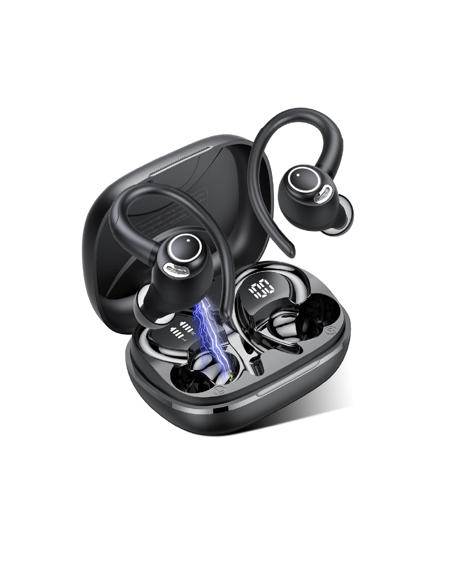 Jesebang Wireless Earbuds – Bluetooth 5.3, HiFi Stereo, ENC Mic, Sport Earhooks, 40H Playtime, Dual LED Display, IP7 Waterproof, Black