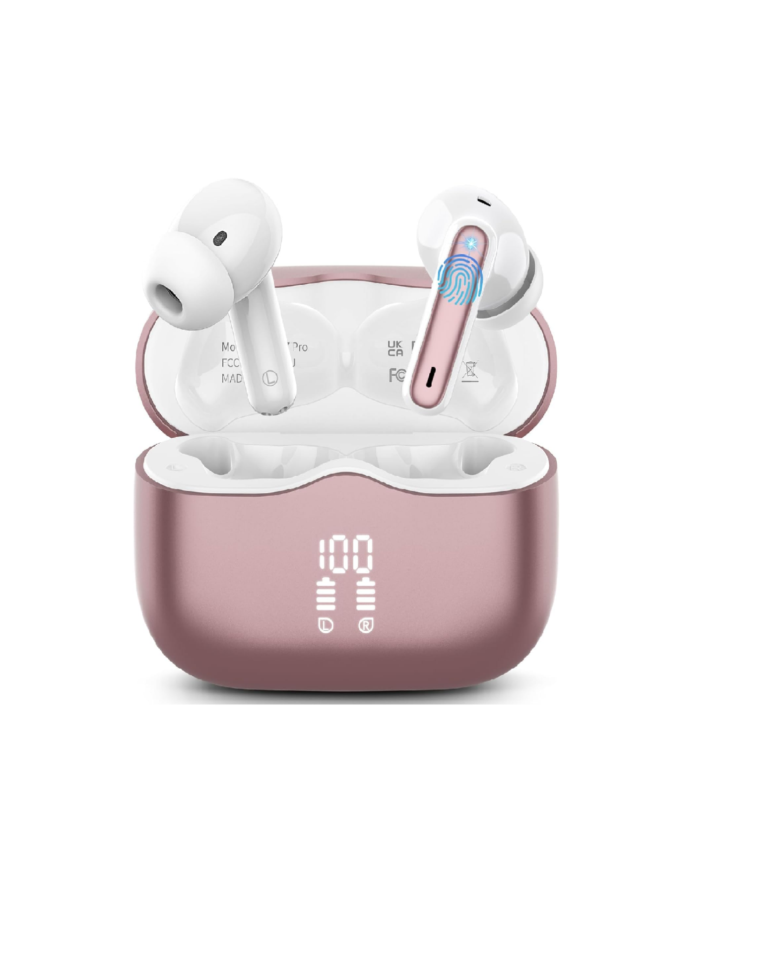 Wireless Bluetooth 5.4 Earbuds – HiFi Stereo, Deep Bass, 4 ENC Noise-Canceling Mics, 40H Playtime, Dual LED Display, IPX7 Waterproof, Rose Gold