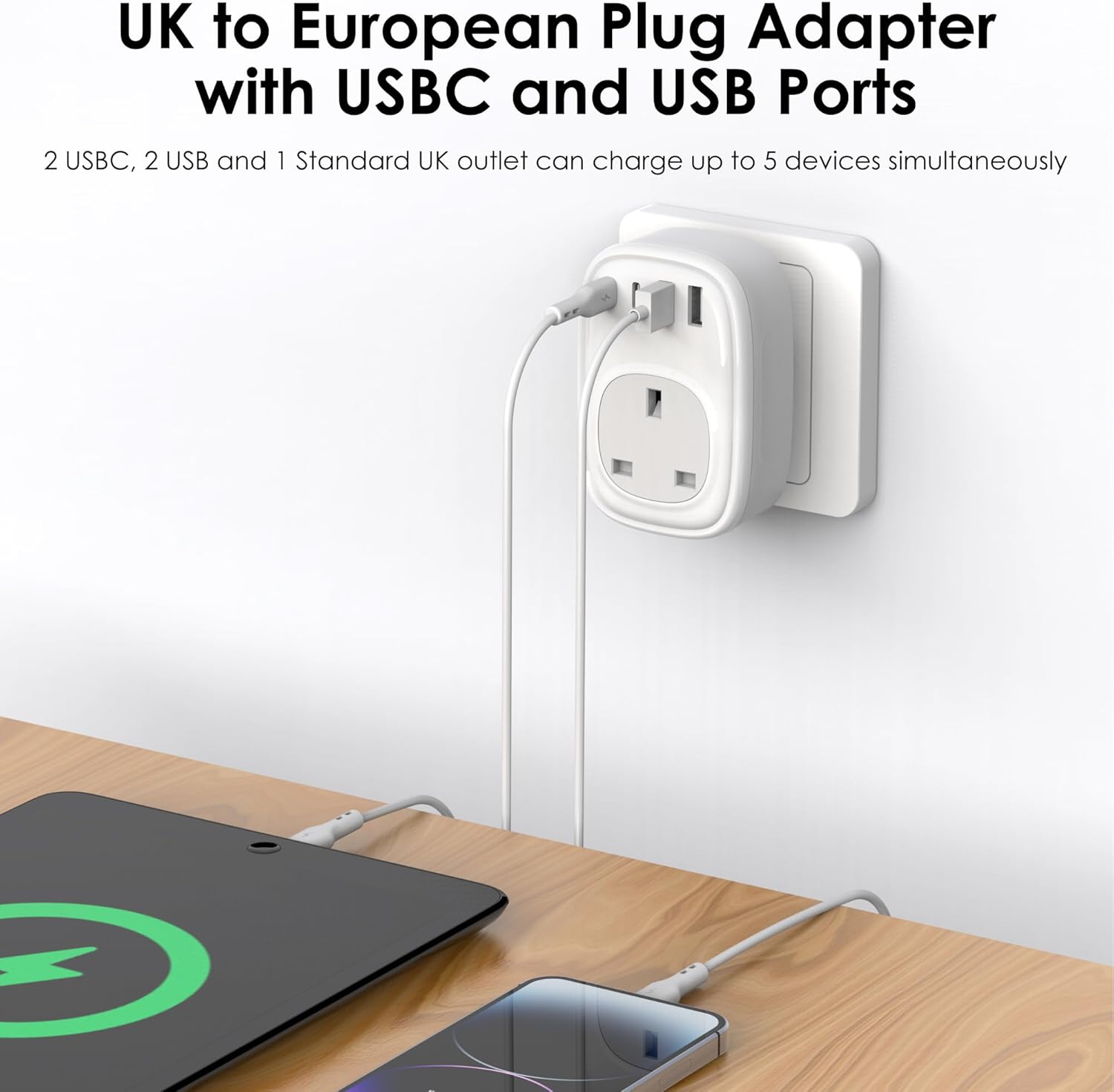 UK to EU Plug Adapter – 40W USB-C Fast Travel Charger, Type E/F, Europe Compatible