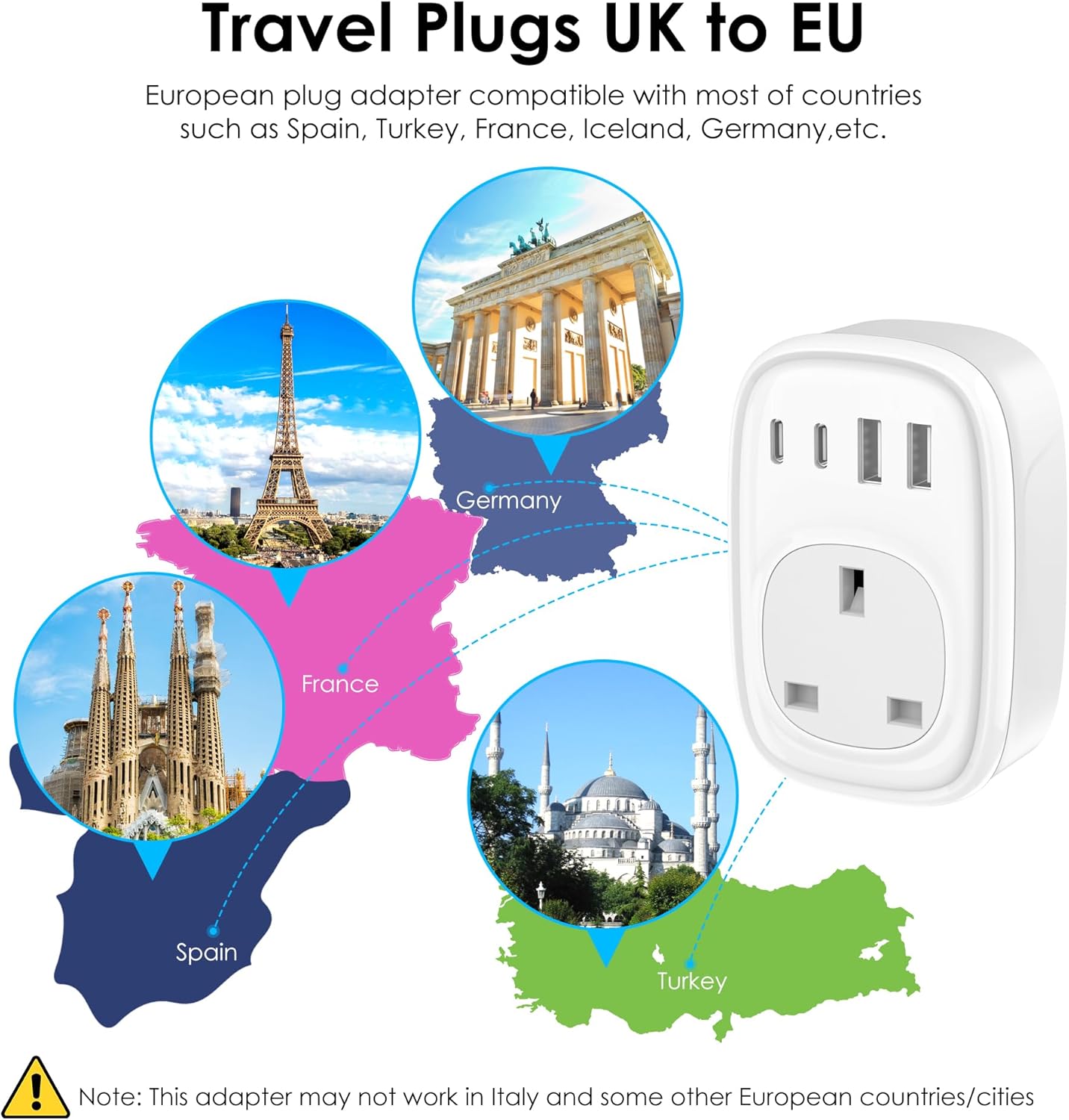 UK to EU Plug Adapter – 40W USB-C Fast Travel Charger, Type E/F, Europe Compatible