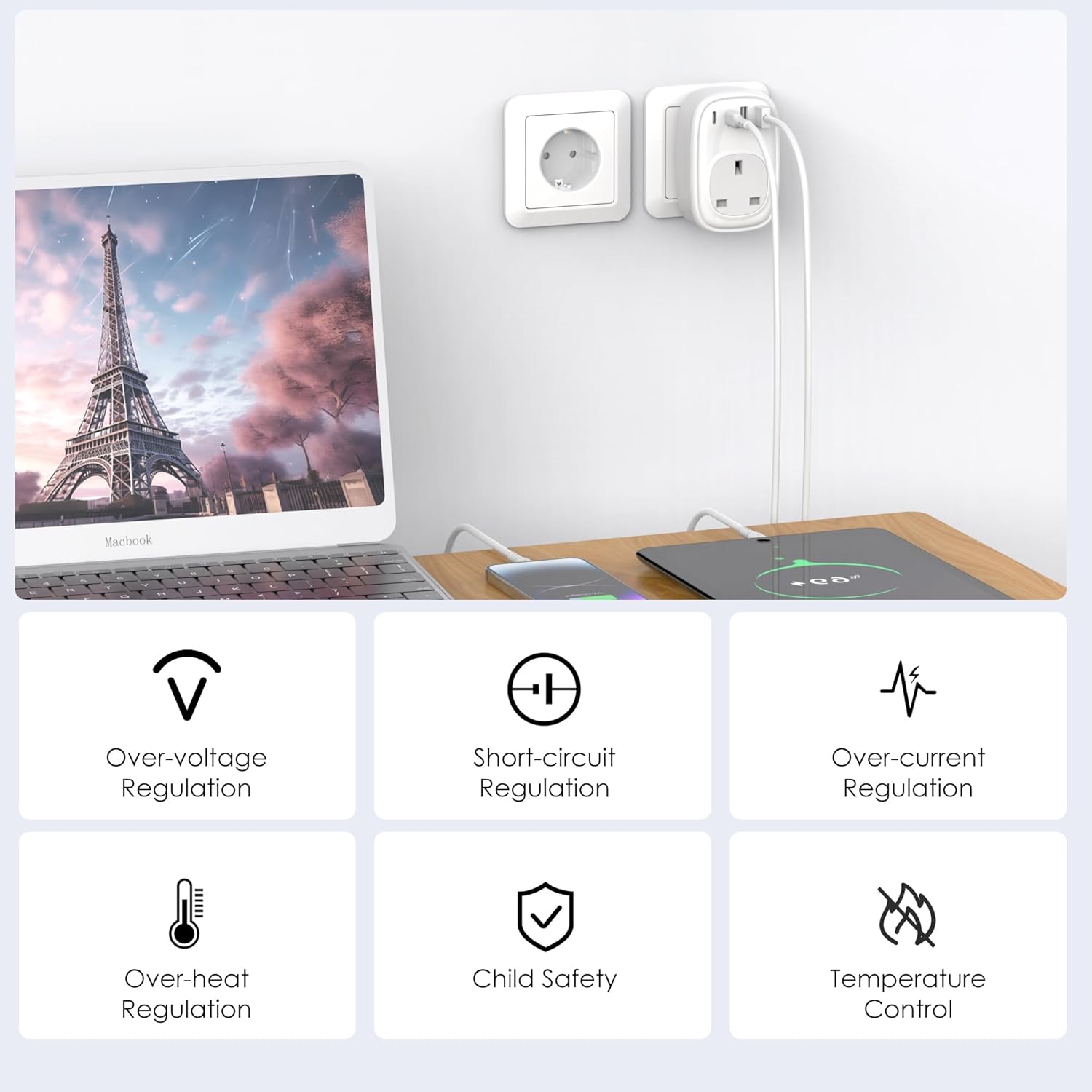 UK to EU Plug Adapter – 40W USB-C Fast Travel Charger, Type E/F, Europe Compatible