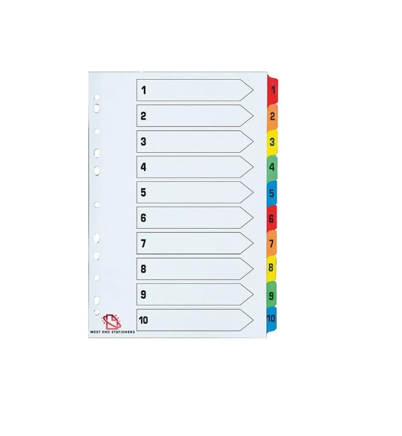A4 1-10 Numbered Index Dividers, Multi-Colored Tabs, 5-Pack, Pre-Punched for Binders