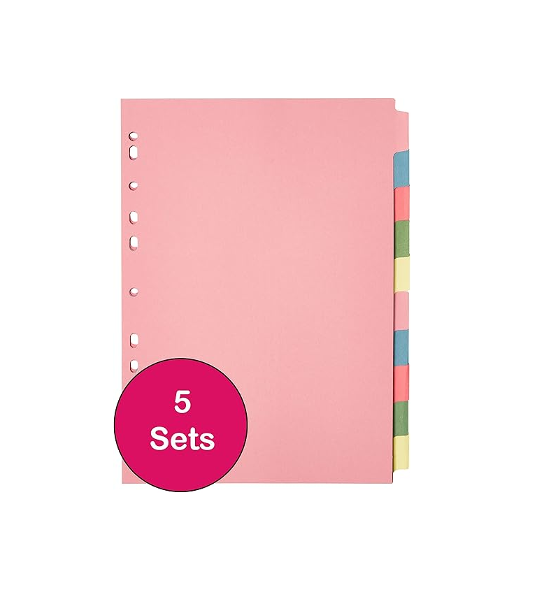 [5-Pack] A4 10-Part File Dividers,  Multi-Hole Punched, Assorted Colors, Fits All A4 Binders
